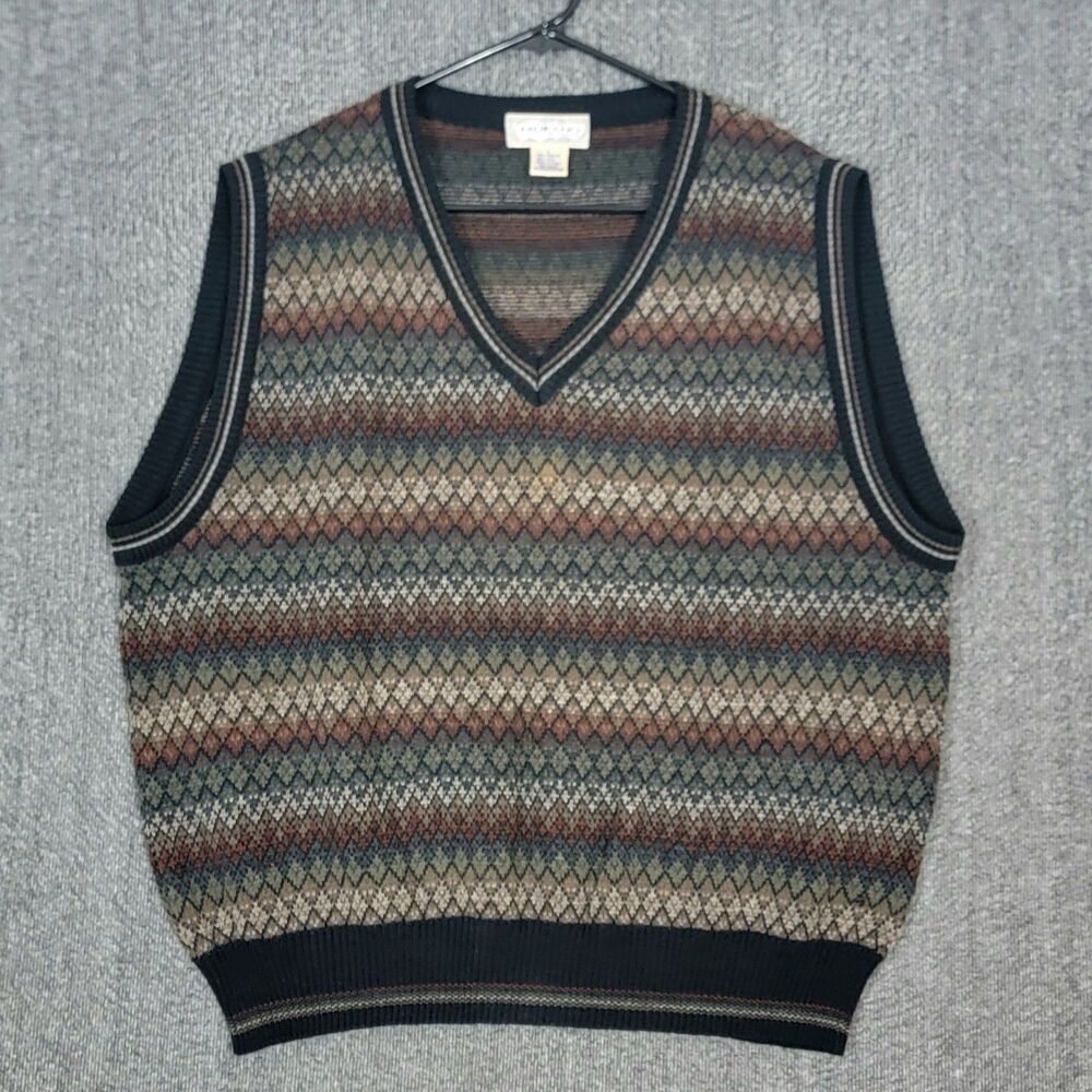 Vintage Murano Sweater Vest Mens Large Geometric Wool Blend V Neck Made In Italy